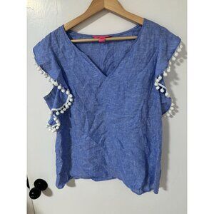 Lilly Pulitzer Womens Blue Pom Pom Trim Linen Blouse Size S